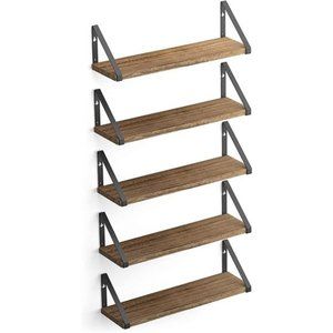 Wood Floating Shelves for Wall Storage, Natural Burned Small Bookshelf Set of 5